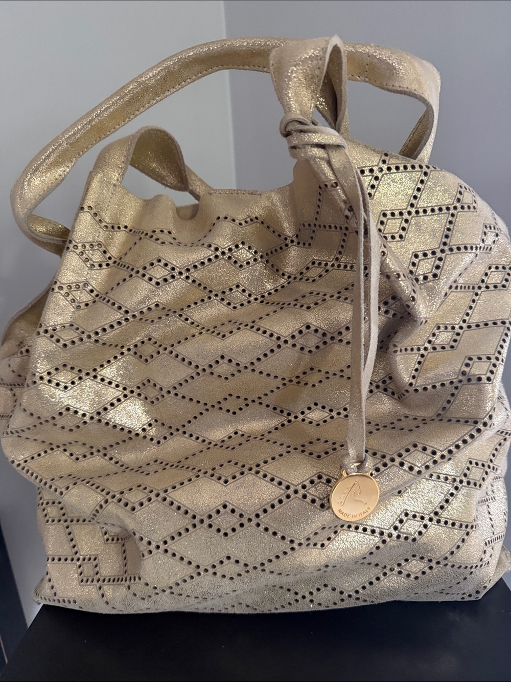 Light Gold Perforated Tote with Charm Accent